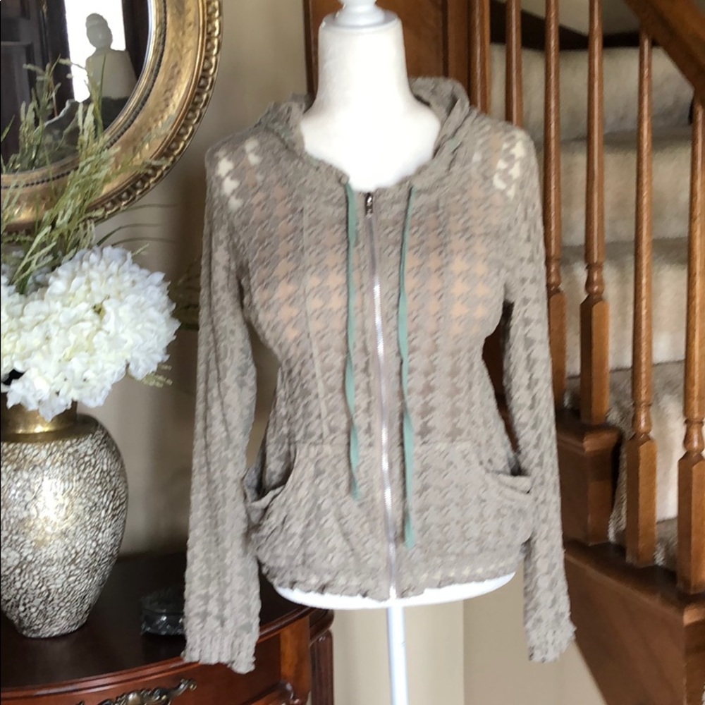 Urban Mango green crocheted zip up sweater Med